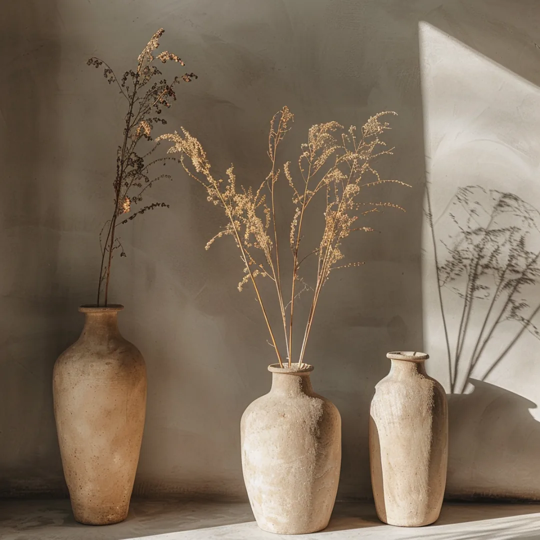 Three ceramic vases with dried botanicals in warm natural light