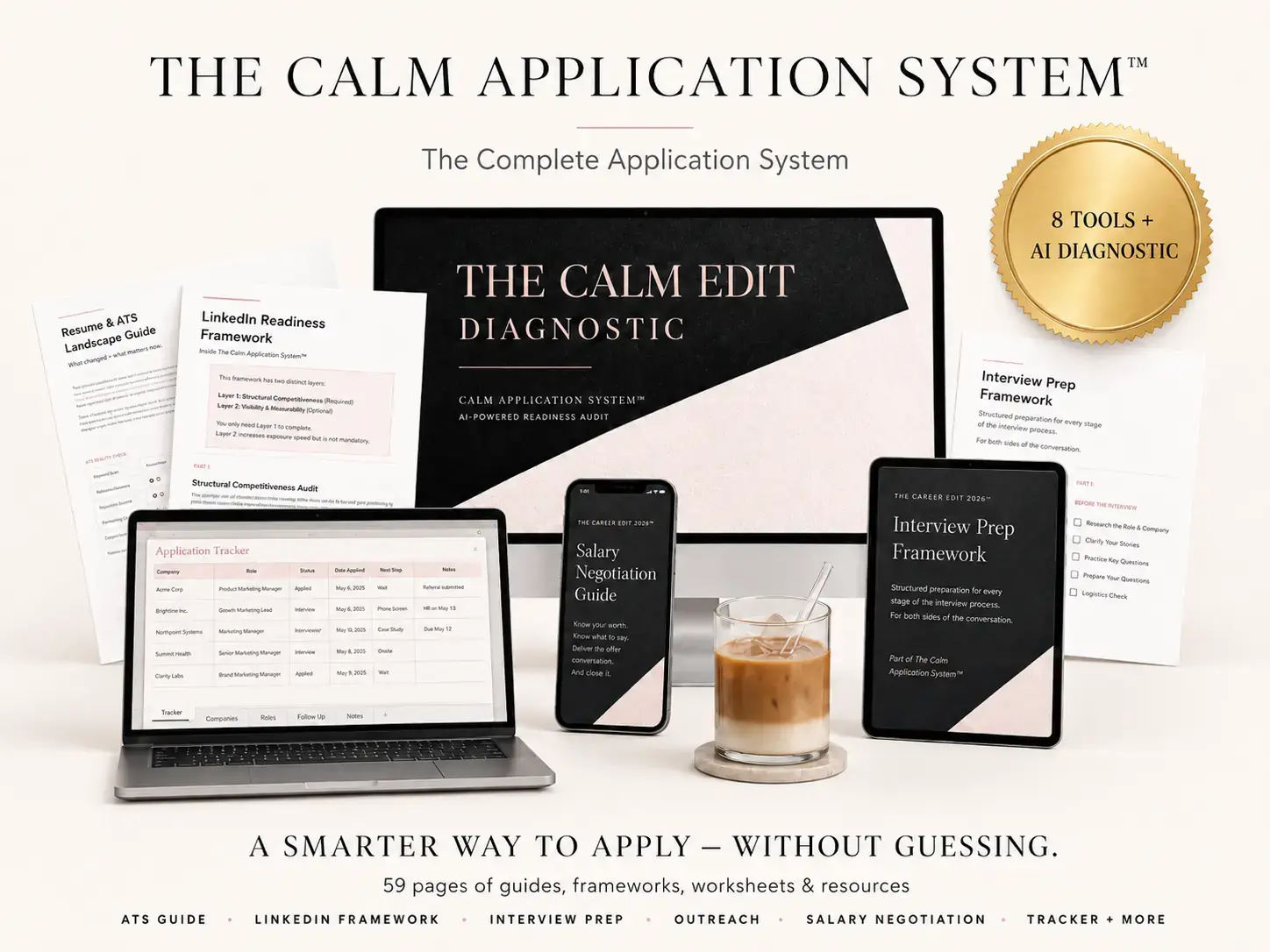 What you get inside The Calm Application System bundle — Pre-Submission Checklist, Diagnostic, Resume & ATS Landscape Guide, Salary Negotiation Guide, Outreach Playbook, Interview Prep Guide, plus PDF and Excel bonuses