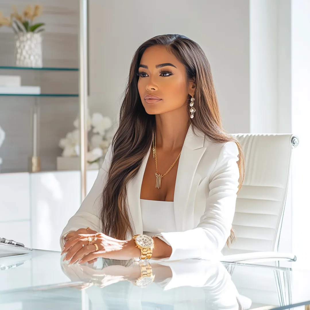 Professional woman at glass desk in bright executive office