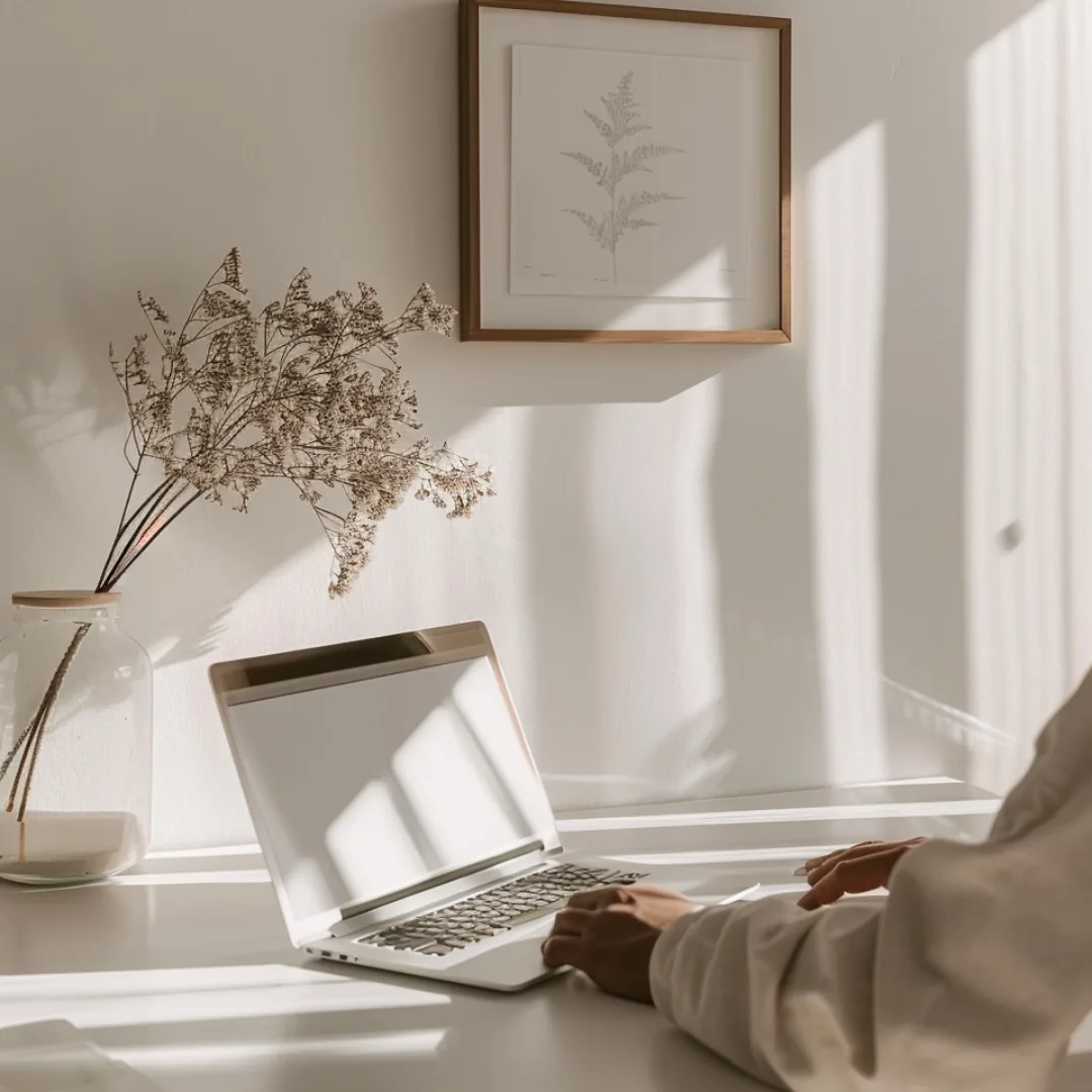 Professional woman working at laptop in a bright, calm workspace