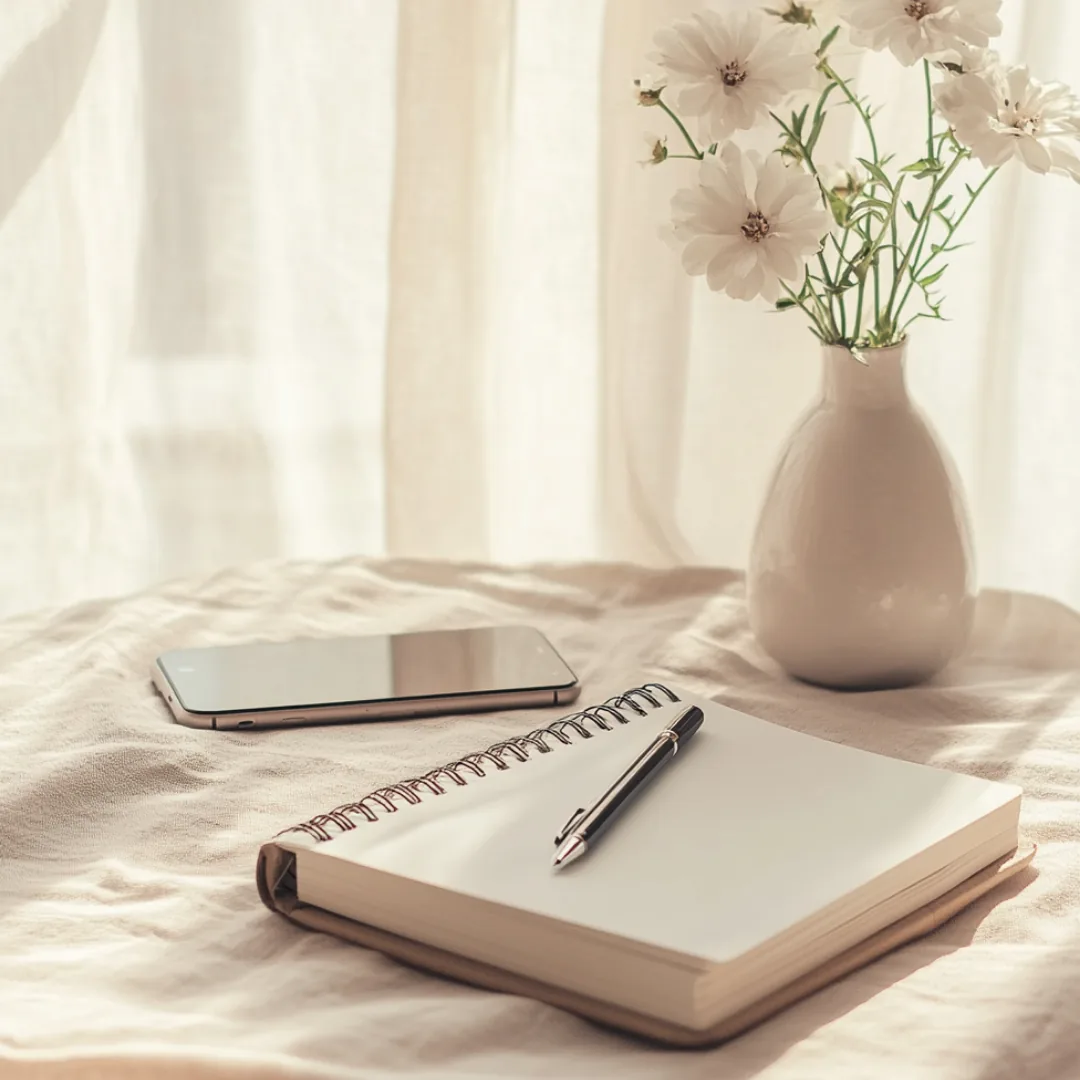 Open notebook with pen and fresh flowers in soft light