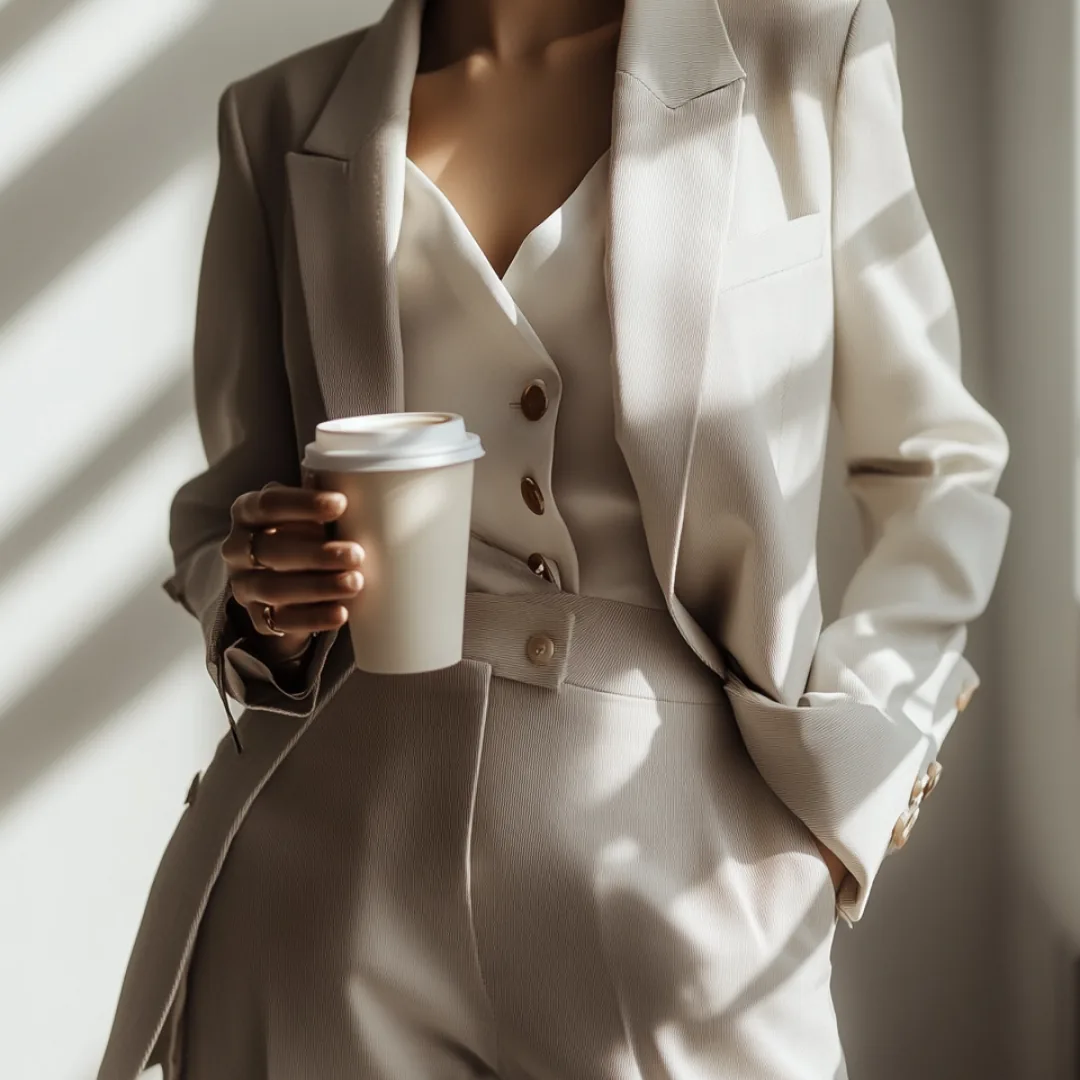 Composed professional woman holding coffee in morning light