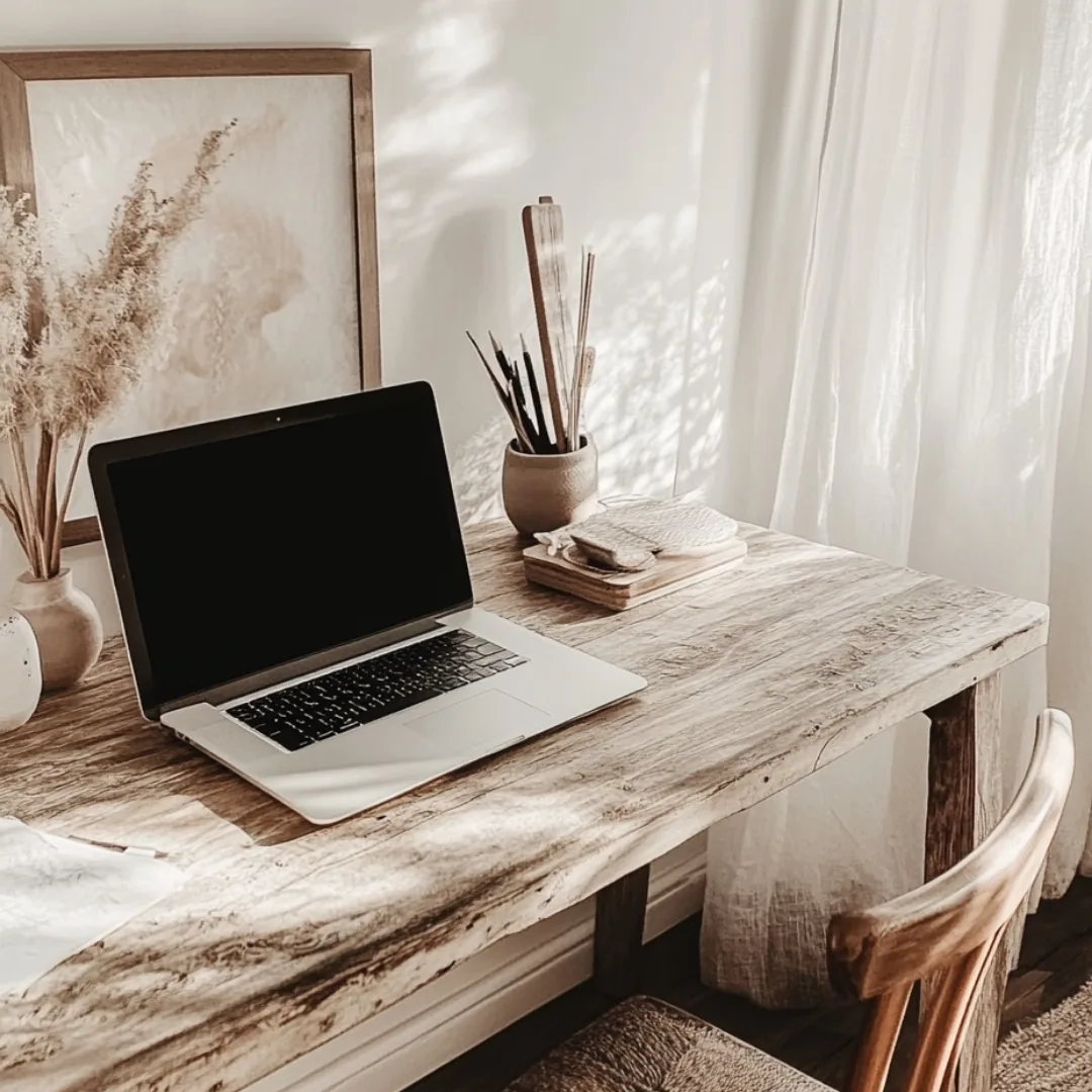 Woman working calmly at a bright, minimal desk